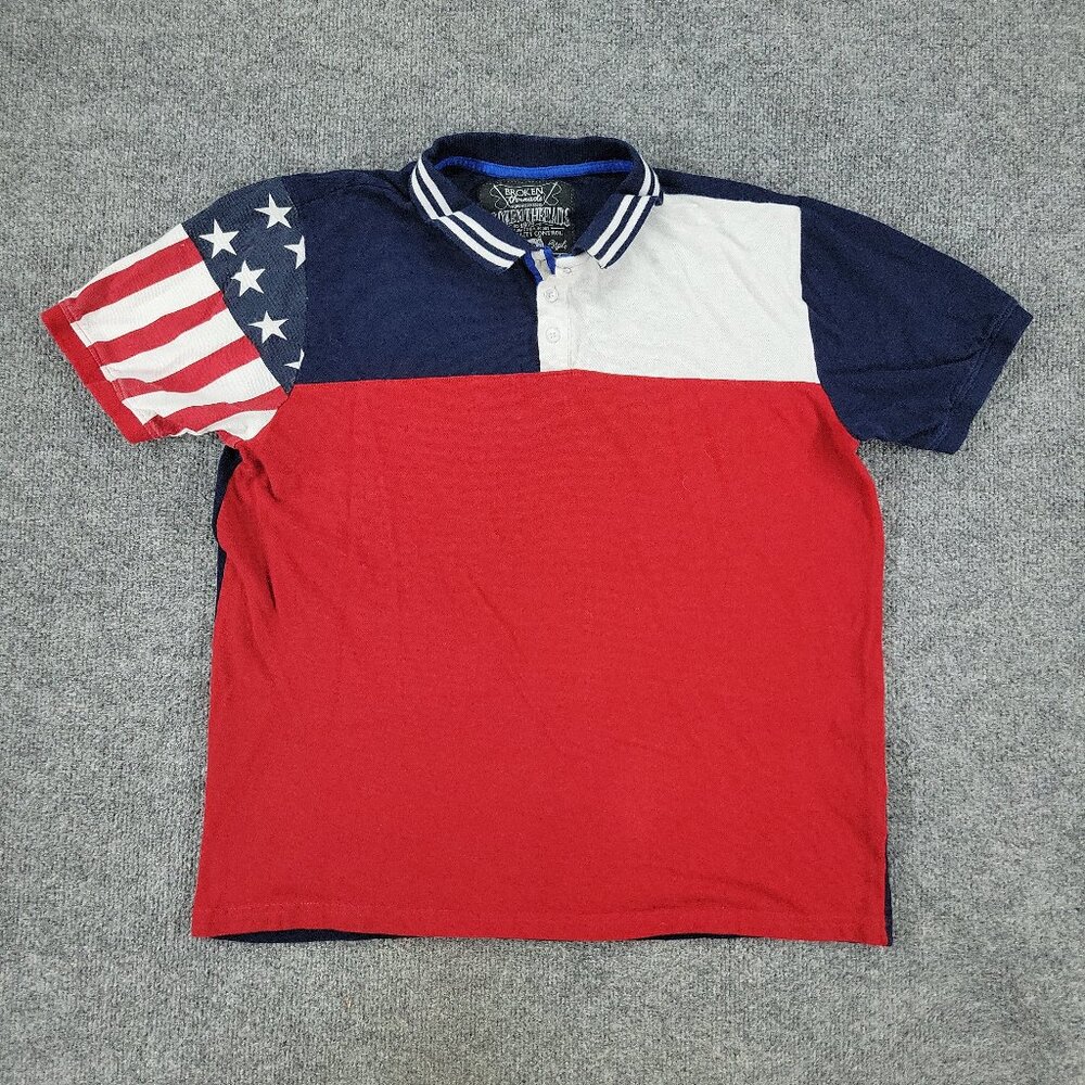 Broken Threads Polo Shirt Men's Large Red White Blue Short Sleeve Stars Stripes
